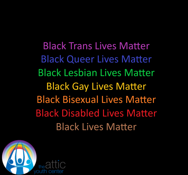 Text "Black Trans Lines Matter, Black Queer Lives Matter, Black Lesbian Lives Matter, Black Gay Lives Matter, Black Bisexual Lives Matter, Black Disabled Lives Matter, Black Lives Matter