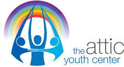 The Attic Youth Center Logo (three people with their arms outstretched in front of a rainbow).
